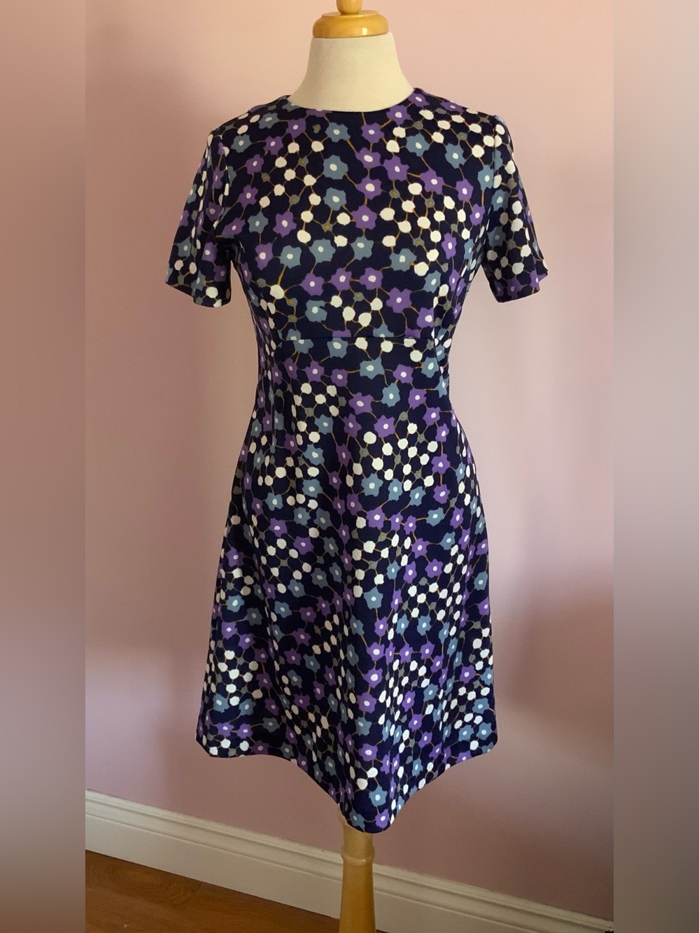 Vintage 70s Floral Fit-and-Flare Dress in Purple and Navy